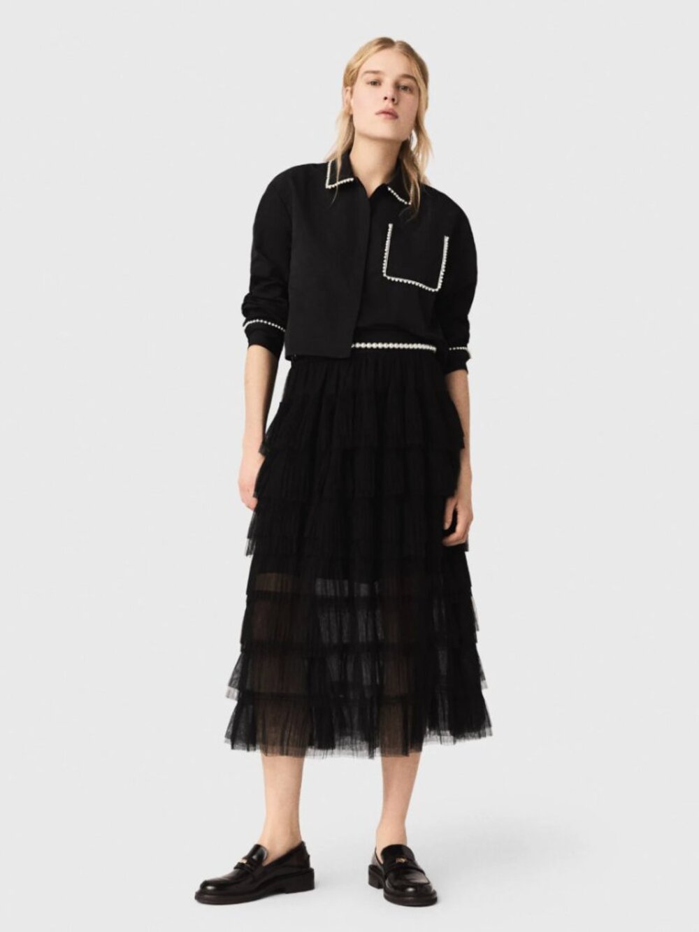 Maje Josepha Tiered Tulle Semi-Sheer Midi Skirt Size 36 Small Black Layered - Picture 2 of 15